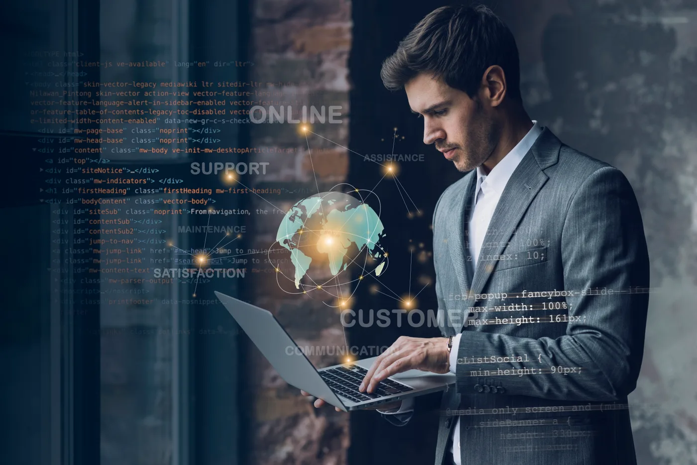 Developer reviewing code with a global digital network overlay